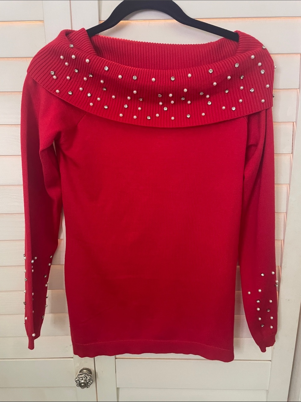 Red Pearl-& Rhinestone Embellished Off-Shoulder Sweater size small